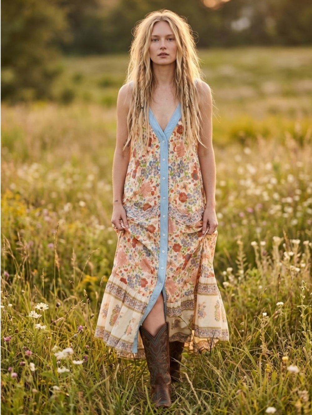 Free People Floral Maxi Dress in Cream and Light Blue